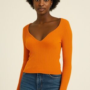 H&M Vibrant Dopamine Orange Ribbed Top long sleeve V-neck Top